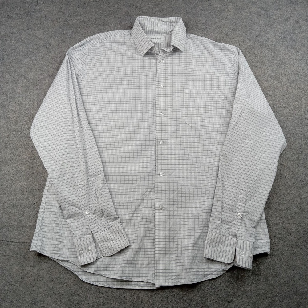Calvin Klein Shirt Mens L 16.5 36/37 Check Tech Active Stretch Wrinkle Resist